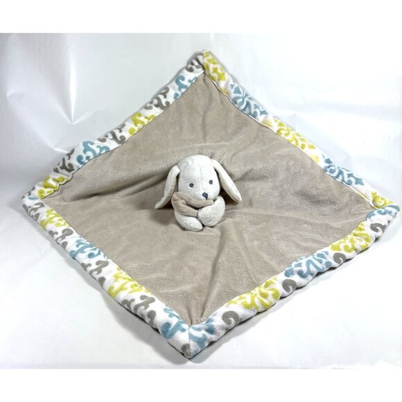 Blankets and Beyond Gray Bunny Rabbit Lovey Security Blanket Blue Damask Trim - Picture 1 of 6
